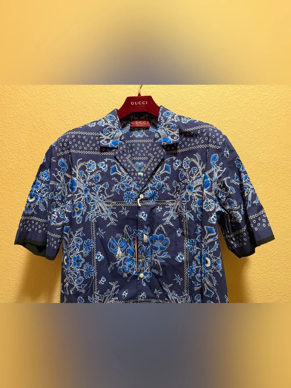 New Authentic Gucci Logo Button Up Floral Shirt Navy White Size IT 52 / US L